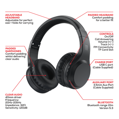 Rock Montari Lite Bluetooth On-Ear Headphones with 14 hour Playback - Black