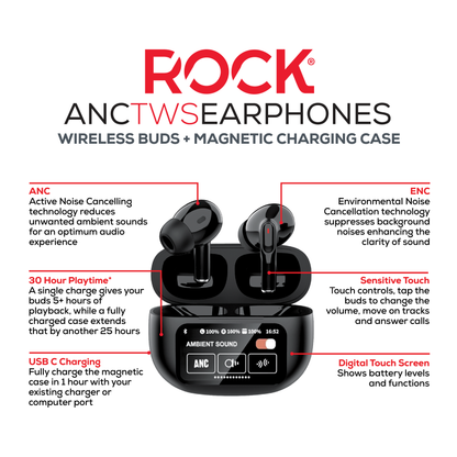 Rock Palm Lite Touch ANC Wireless In-Ear Earbuds with 30 hour Playback - Black