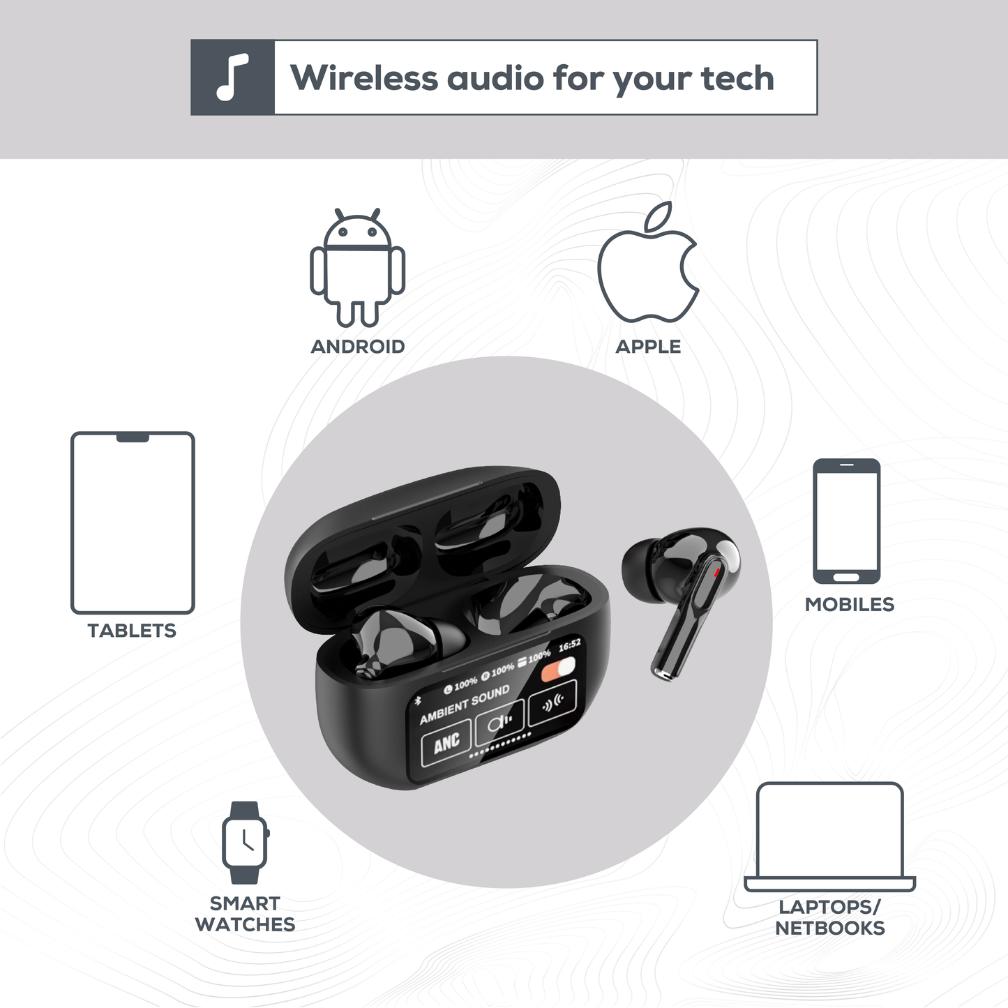 Rock Palm Lite Touch ANC Wireless In-Ear Earbuds with 30 hour Playback - Black