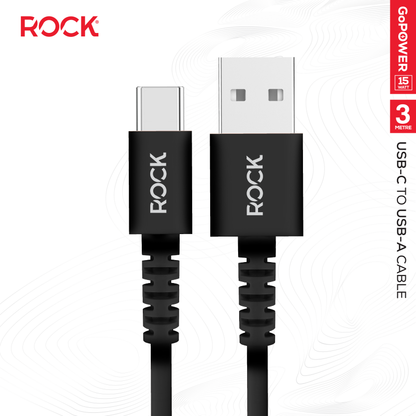 Rock Go Power 3 Metre USB to USB-C Charge & Sync Cable, 15W Black