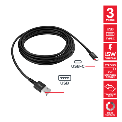 Rock Go Power 3 Metre USB to USB-C Charge & Sync Cable, 15W Black