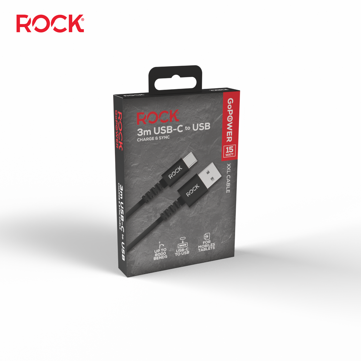 Rock Go Power 3 Metre USB to USB-C Charge & Sync Cable, 15W Black