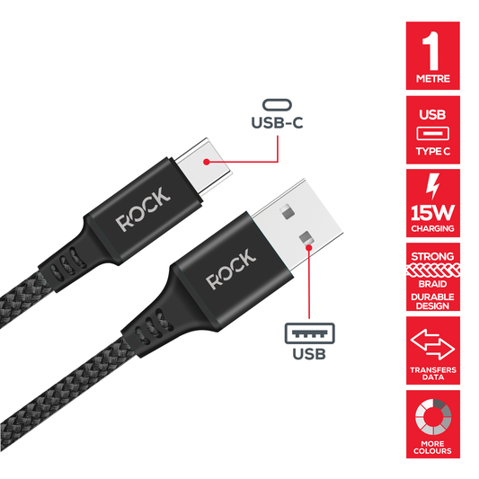 Rock Go Power Braided 1 Metre USB-C To USB Charging Cable - Black