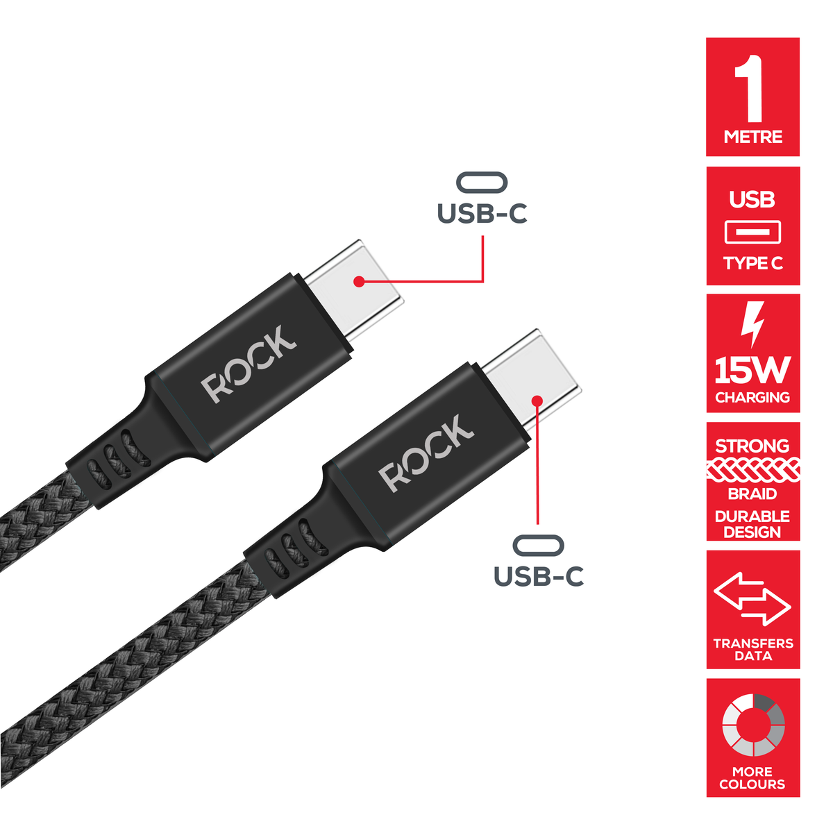 Rock Go Power 1 Metre Braided USB-C to USB-C Charge & Sync Cable, 15W Black