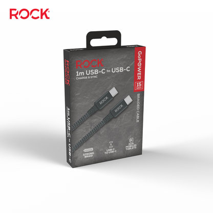 Rock Go Power 1 Metre Braided USB-C to USB-C Charge & Sync Cable, 15W Black