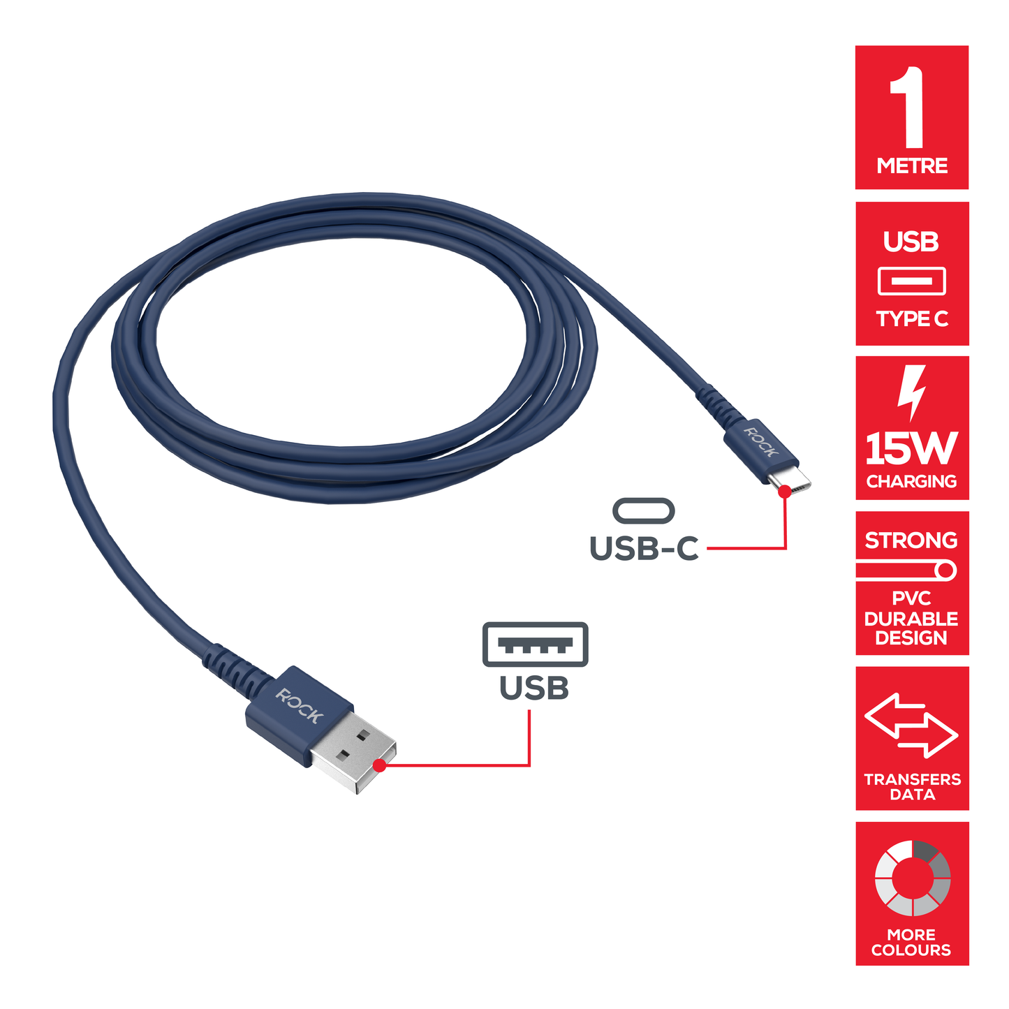Rock Go Power 1 Metre USB to USB-C Charge & Sync Cable, 15W Deep Blue