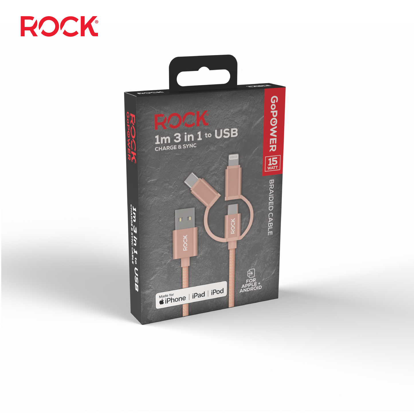 Rock Go Power Braided 1 Metre 3-in-1 Charging Cable - Champagne