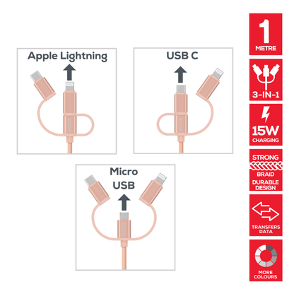 Rock Go Power Braided 1 Metre 3-in-1 Charging Cable - Champagne