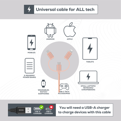 Rock Go Power Braided 1 Metre 3-in-1 Charging Cable - Champagne