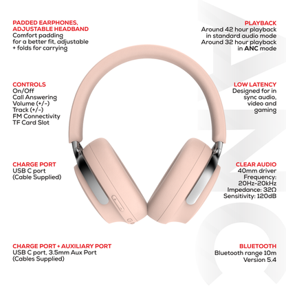 Rock Montari ANC Bluetooth On-Ear Headphones with 42 hour Playback - Champagne