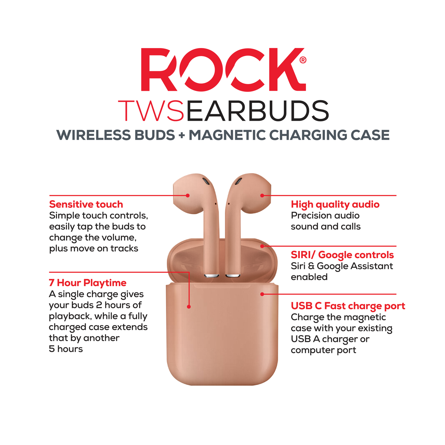 Rock Palm Lite True Wireless In-Ear Earbuds with 7 hour Playback - Champagne/Gold