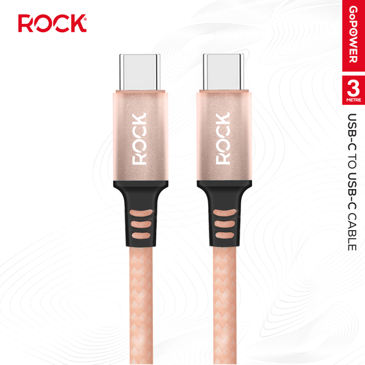 Rock Go Power 3 Metre Braided USB-C to USB-C Charge & Sync Cable, 15W Champagne