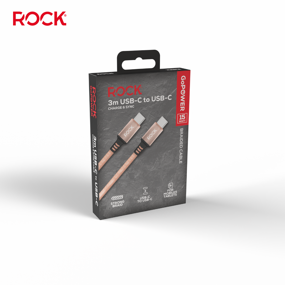 Rock Go Power 3 Metre Braided USB-C to USB-C Charge & Sync Cable, 15W Champagne