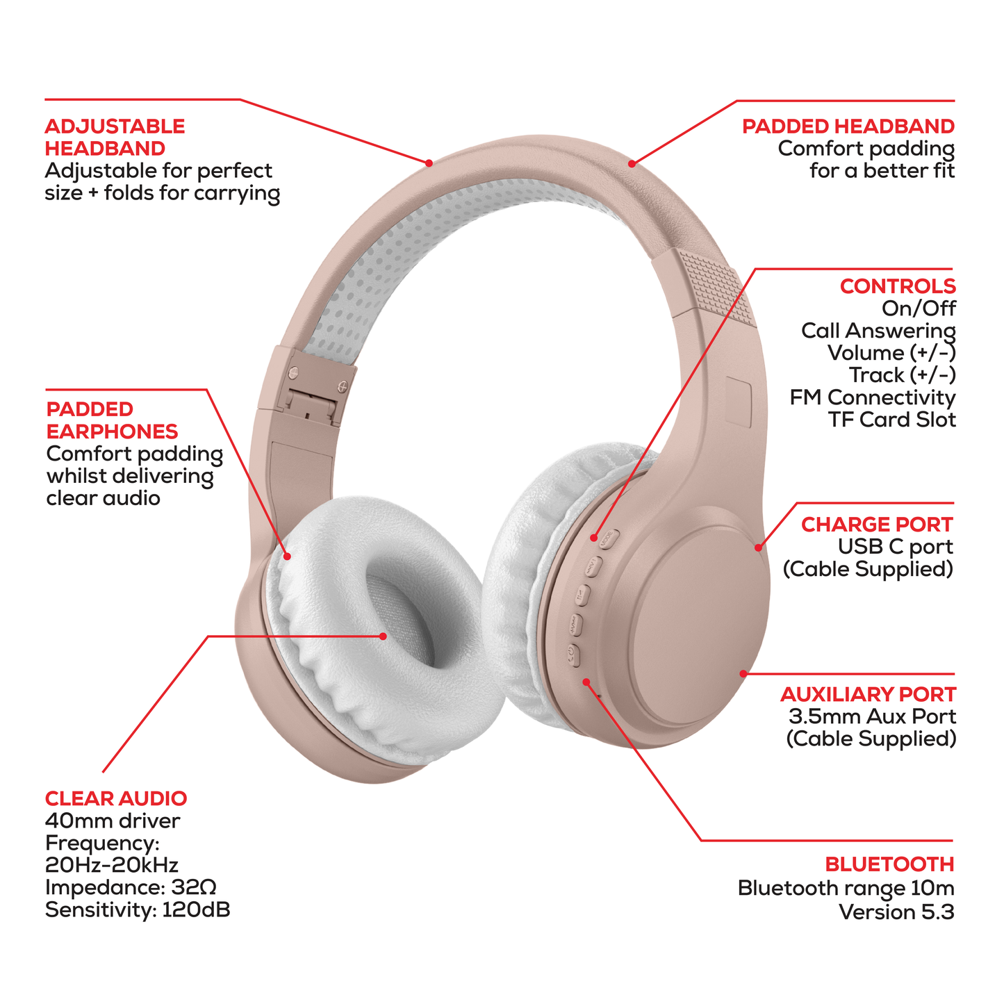 Rock Montari Lite Bluetooth On-Ear Headphones with 14 hour Playback - Champagne