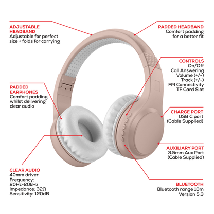 Rock Montari Lite Bluetooth On-Ear Headphones with 14 hour Playback - Champagne