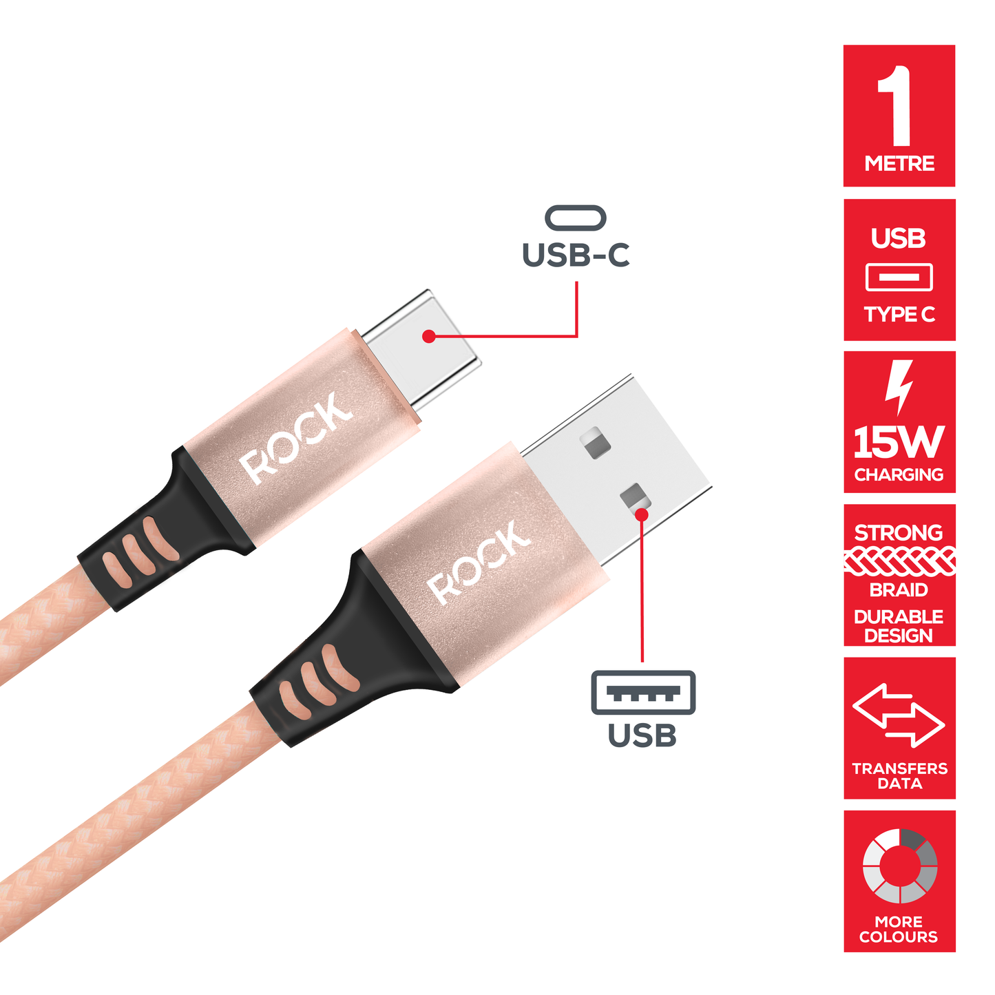 Rock Go Power Braided 1 Metre USB-C To USB Charging Cable - Champagne