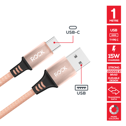 Rock Go Power Braided 1 Metre USB-C To USB Charging Cable - Champagne