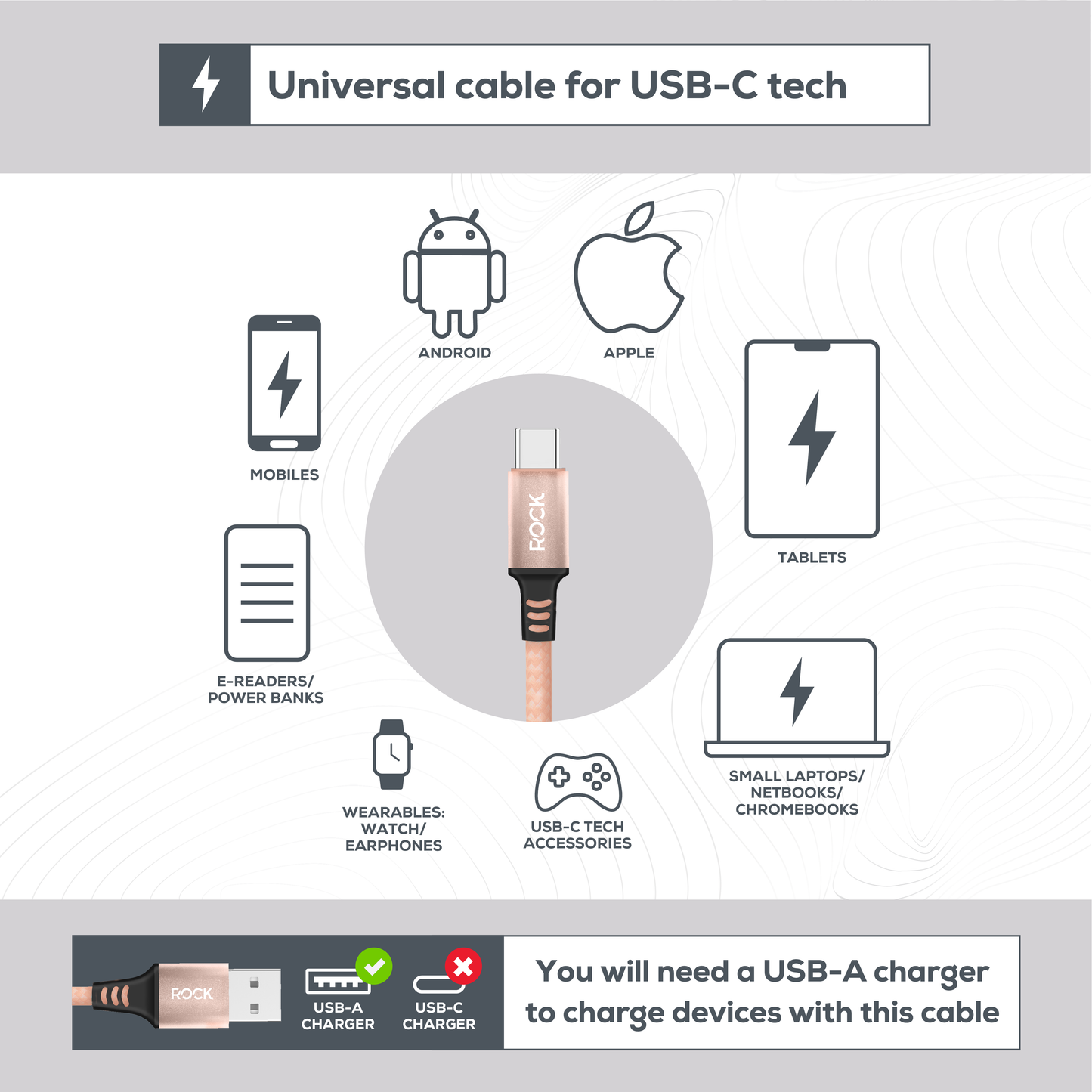 Rock Go Power Braided 1 Metre USB-C To USB Charging Cable - Champagne