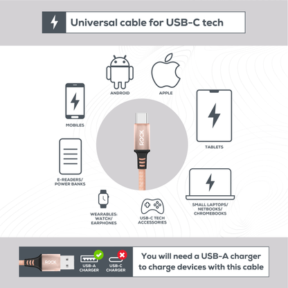 Rock Go Power Braided 1 Metre USB-C To USB Charging Cable - Champagne
