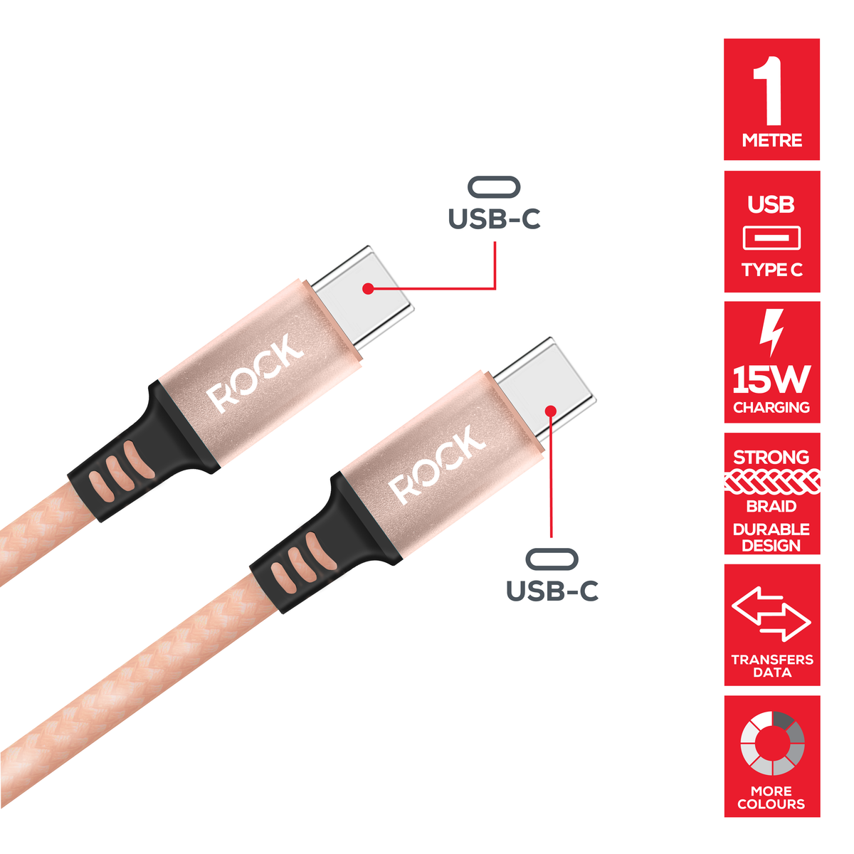 Rock Go Power 1 Metre Braided USB-C to USB-C Charge & Sync Cable, 15W Champagne