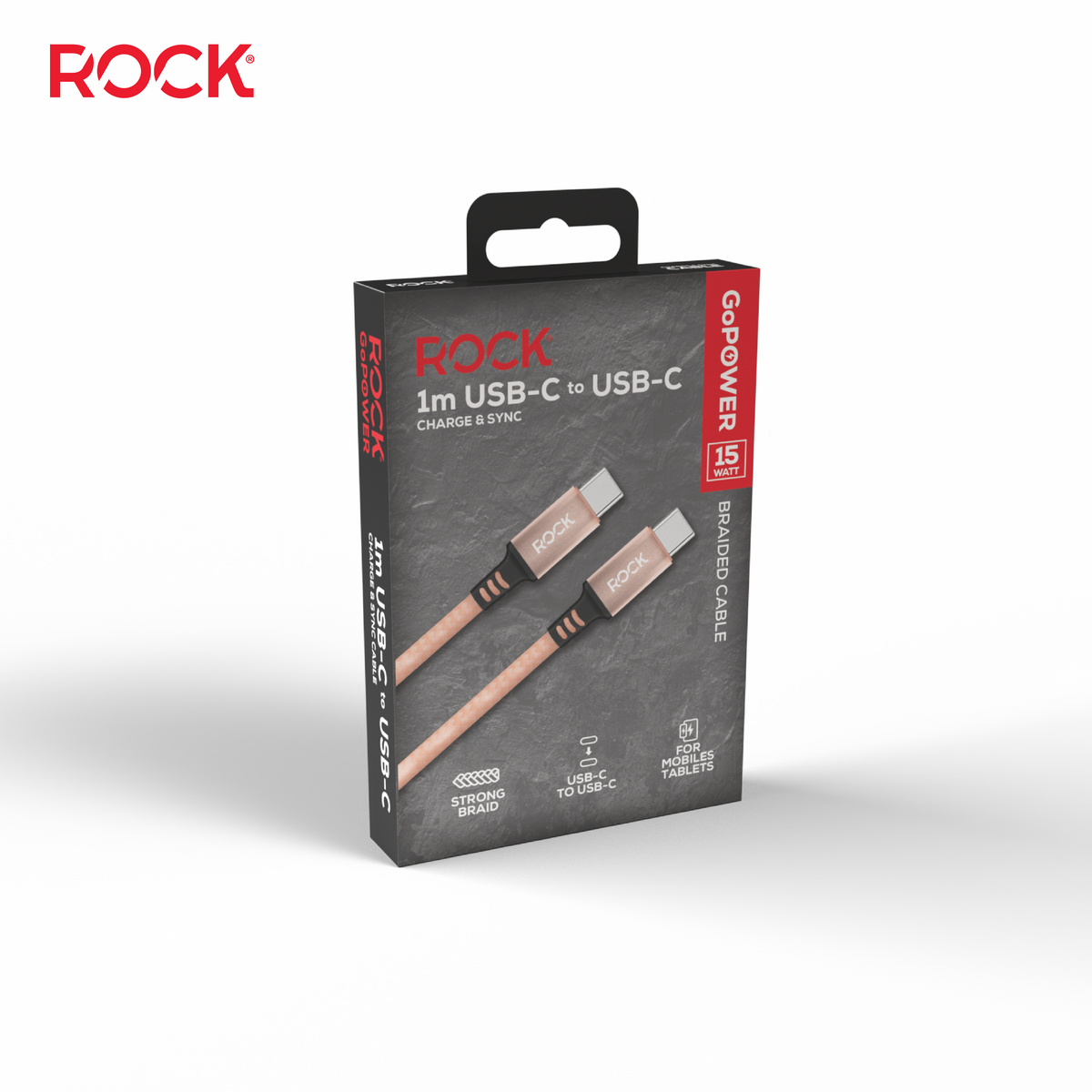 Rock Go Power 1 Metre Braided USB-C to USB-C Charge & Sync Cable, 15W Champagne