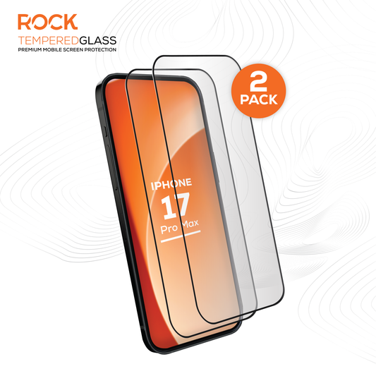 Two pack of tempered glass screen protectors for iPhone 17 Pro Max with 'Rock' branding on a white background.