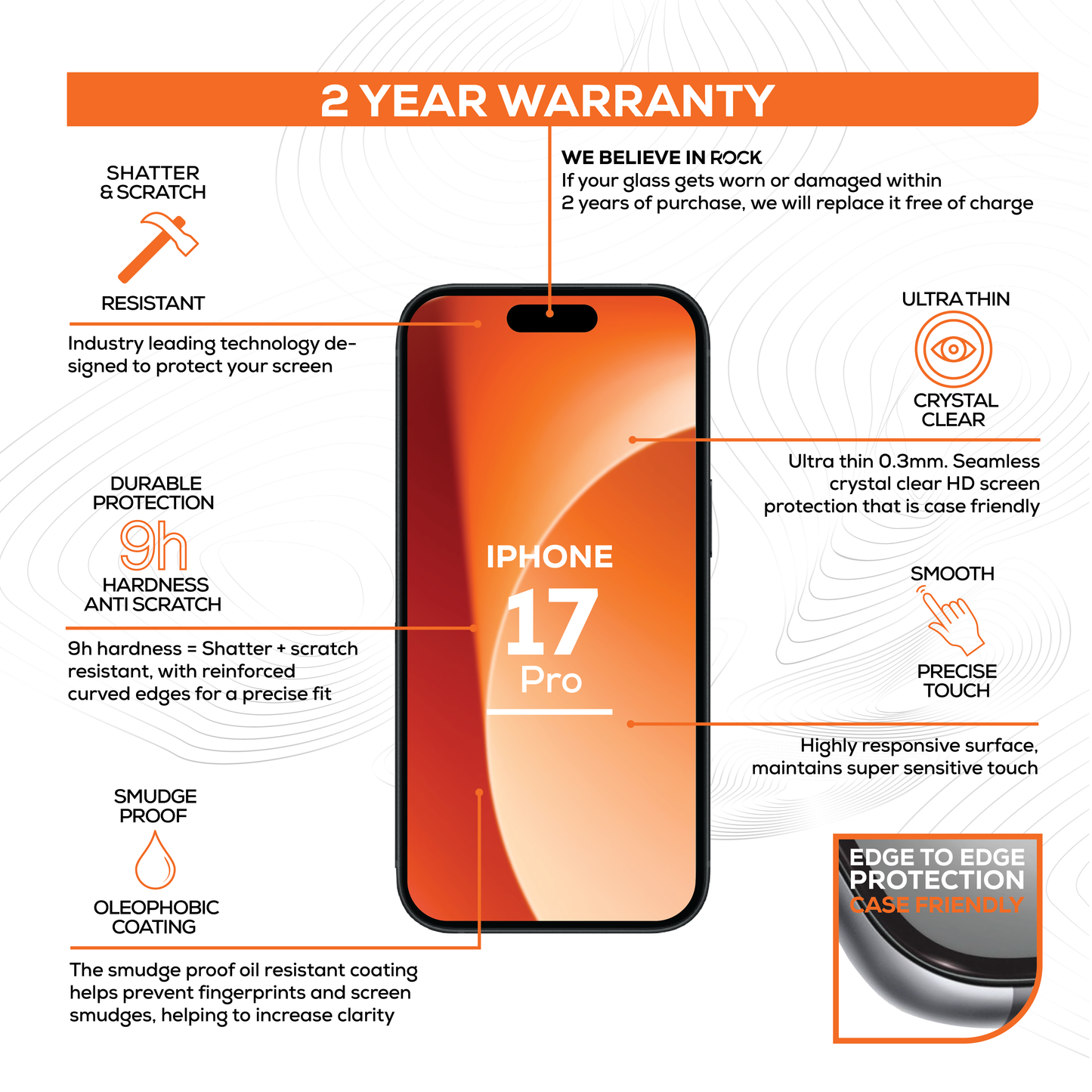 Rock Tempered Glass Screen Protection For iPhone 17 Pro