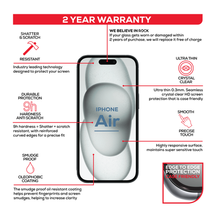 Rock Tempered Glass Screen Protection For iPhone Air
