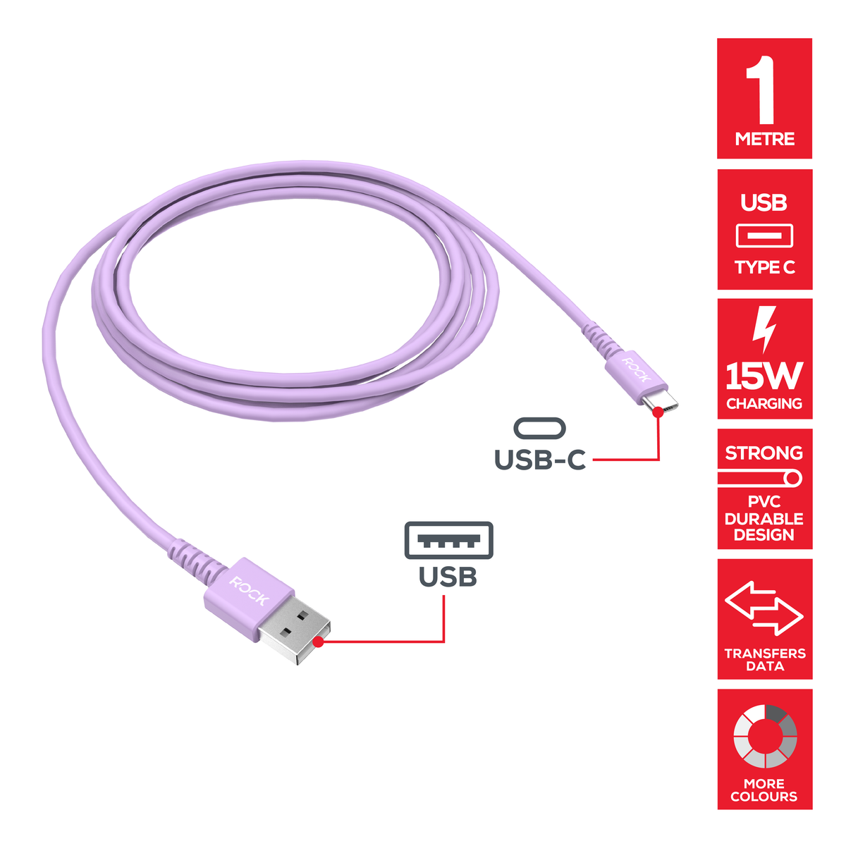 Rock Go Power 1 Metre USB to USB-C Charge & Sync Cable, 15W Lavender