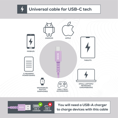 Rock Go Power 1 Metre USB to USB-C Charge & Sync Cable, 15W Lavender