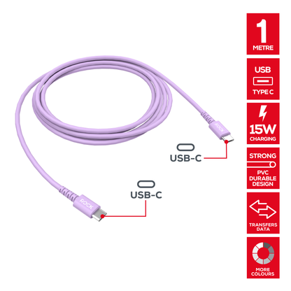 Rock Go Power 1 Metre USB-C to USB-C Charge & Sync Cable, 15W Lavender