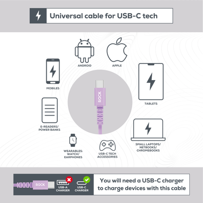 Rock Go Power 1 Metre USB-C to USB-C Charge & Sync Cable, 15W Lavender