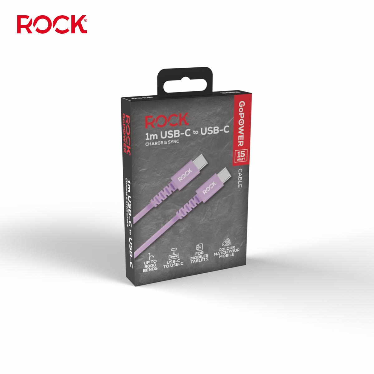 Rock Go Power 1 Metre USB-C to USB-C Charge & Sync Cable, 15W Lavender