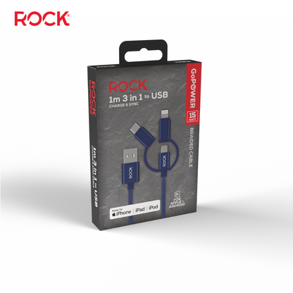 Rock Go Power Braided 1 Metre 3-in-1 Charging Cable - Navy