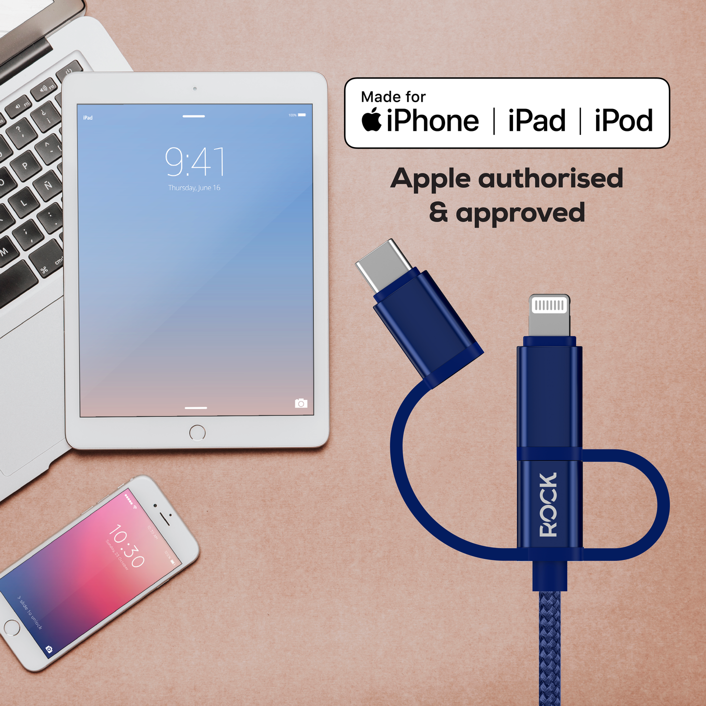 Rock Go Power Braided 1 Metre 3-in-1 Charging Cable - Navy