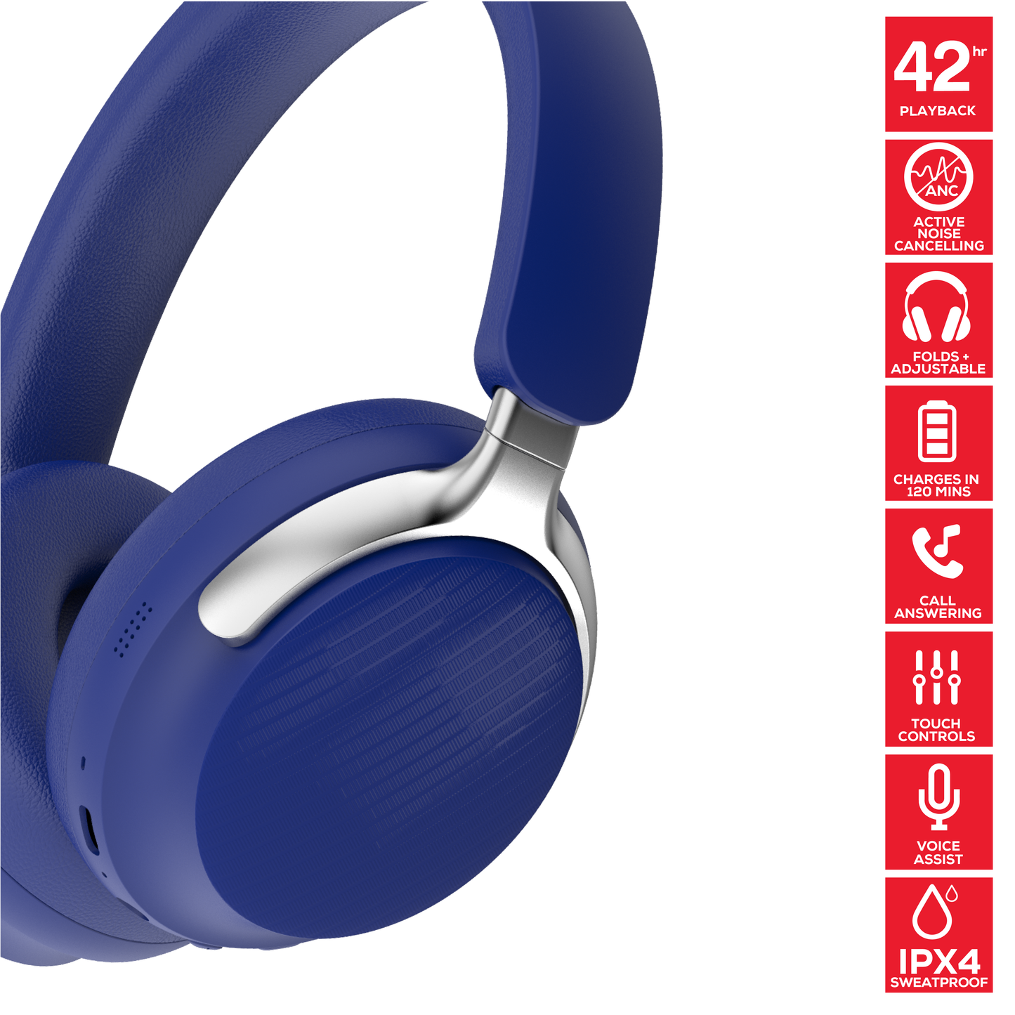 Rock Montari ANC Bluetooth On-Ear Headphones with 42 hour Playback - Navy