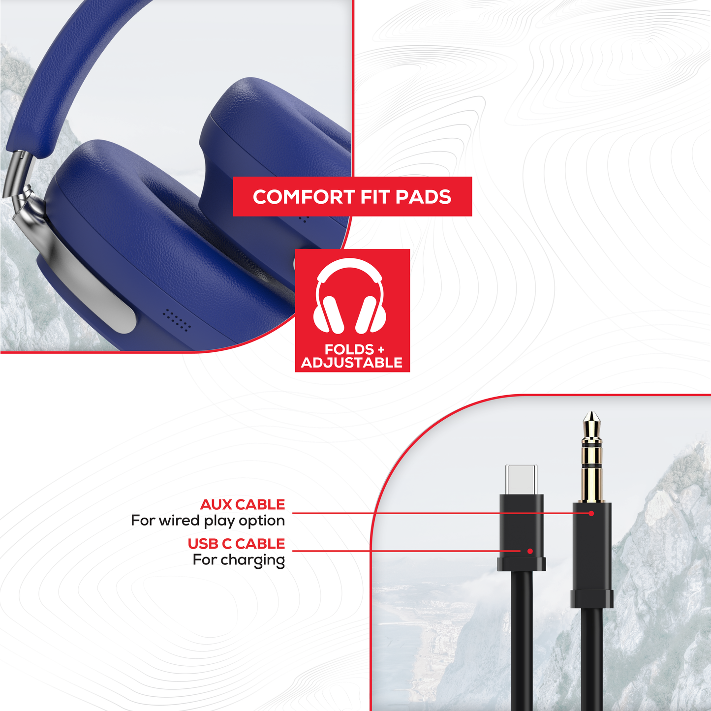 Rock Montari ANC Bluetooth On-Ear Headphones with 42 hour Playback - Navy