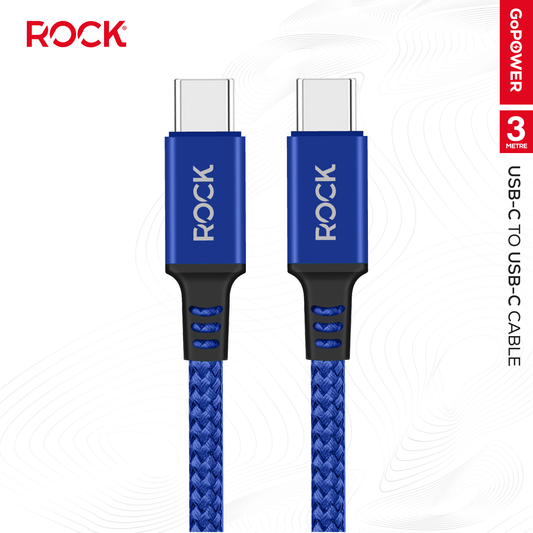 Rock Go Power 3 Metre Braided USB-C to USB-C Charge & Sync Cable, 15W Navy