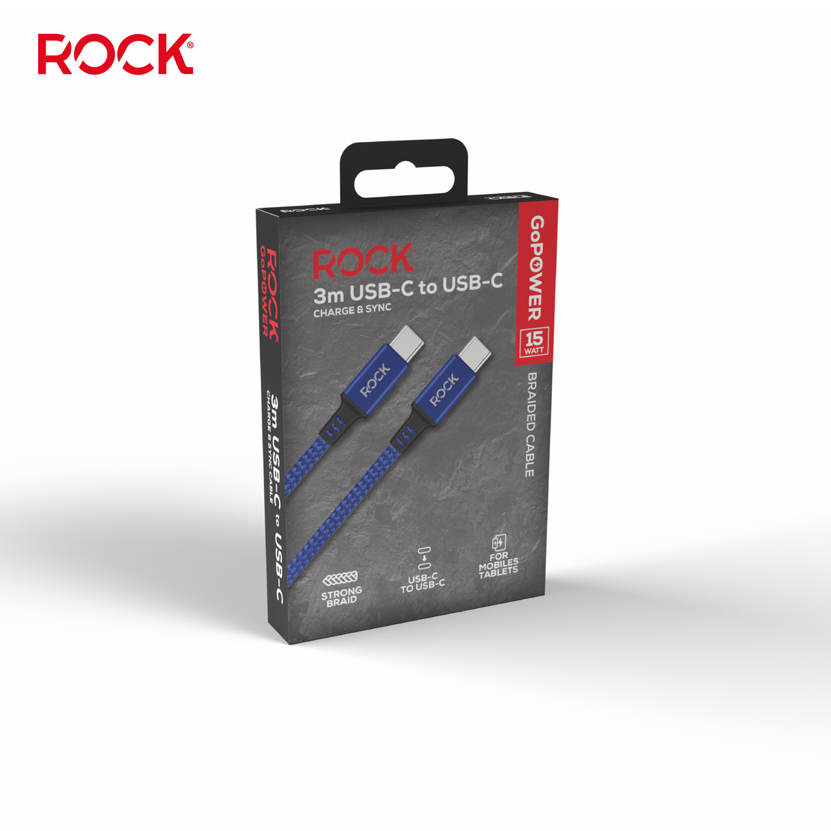 Rock Go Power 3 Metre Braided USB-C to USB-C Charge & Sync Cable, 15W Navy