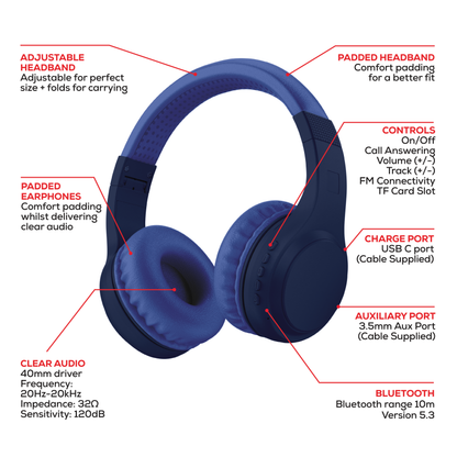 Rock Montari Lite Bluetooth On-Ear Headphones with 14 hour Playback - Navy