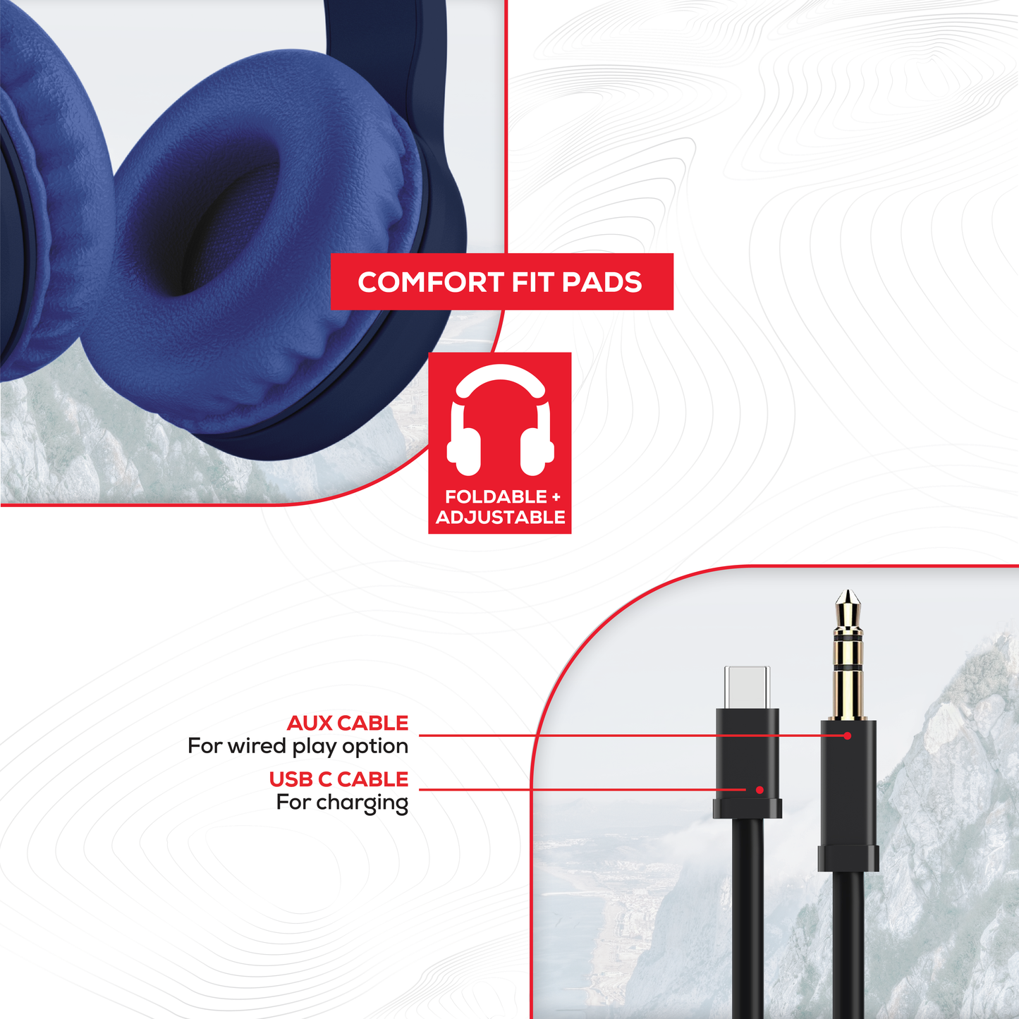 Rock Montari Lite Bluetooth On-Ear Headphones with 14 hour Playback - Navy