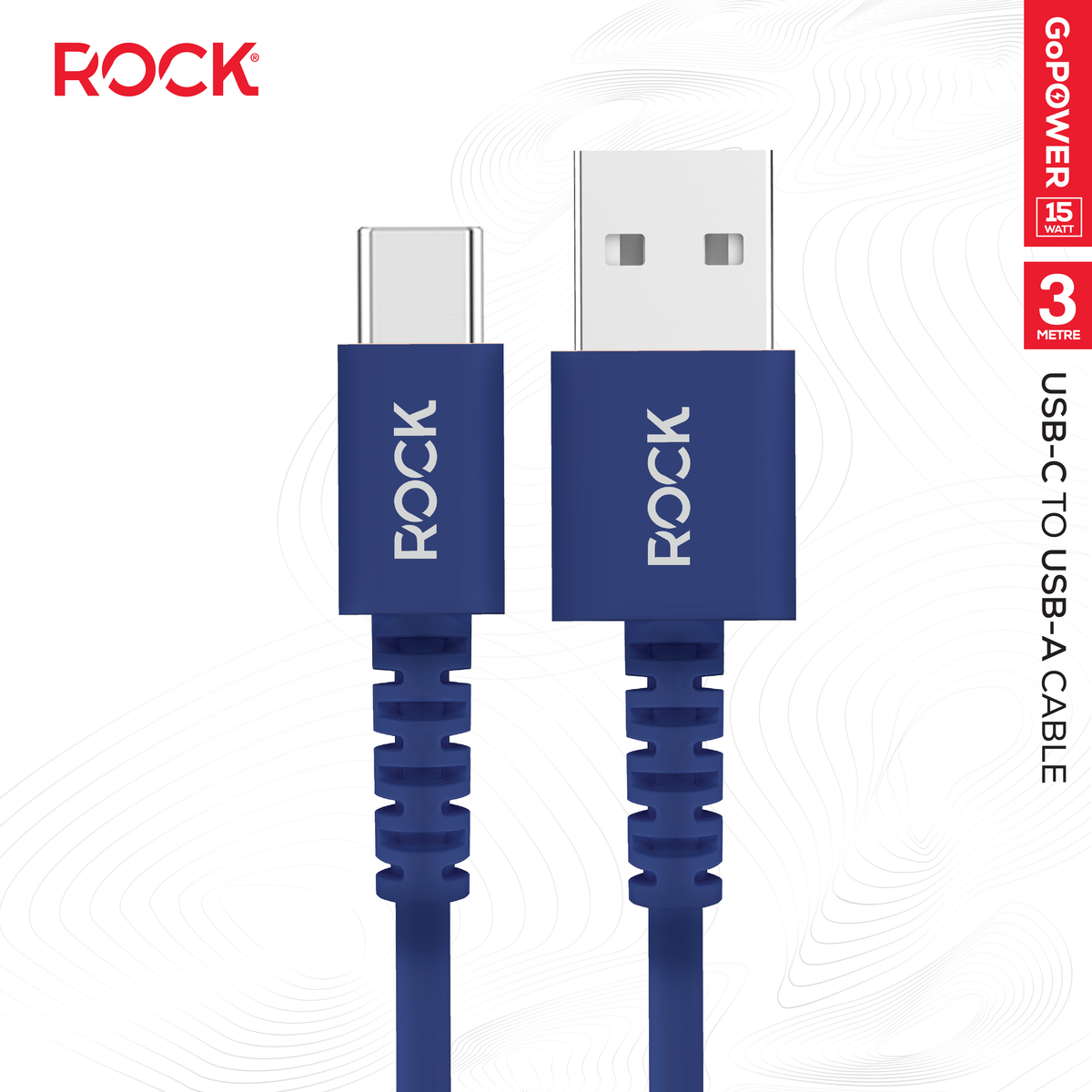 Rock Go Power 3 Metre USB to USB-C Charge & Sync Cable, 15W Navy