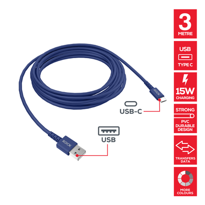 Rock Go Power 3 Metre USB to USB-C Charge & Sync Cable, 15W Navy