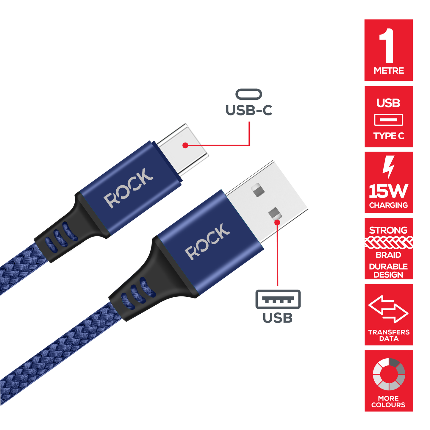 Rock Go Power Braided 1 Metre USB-C To USB Charging Cable - Navy