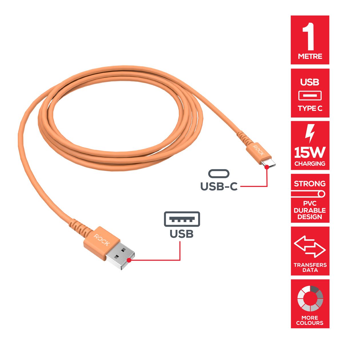 Rock Go Power 1 Metre USB to USB-C Charge & Sync Cable, 15W Cosmic Orange