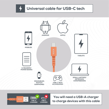 Rock Go Power 1 Metre USB to USB-C Charge & Sync Cable, 15W Cosmic Orange