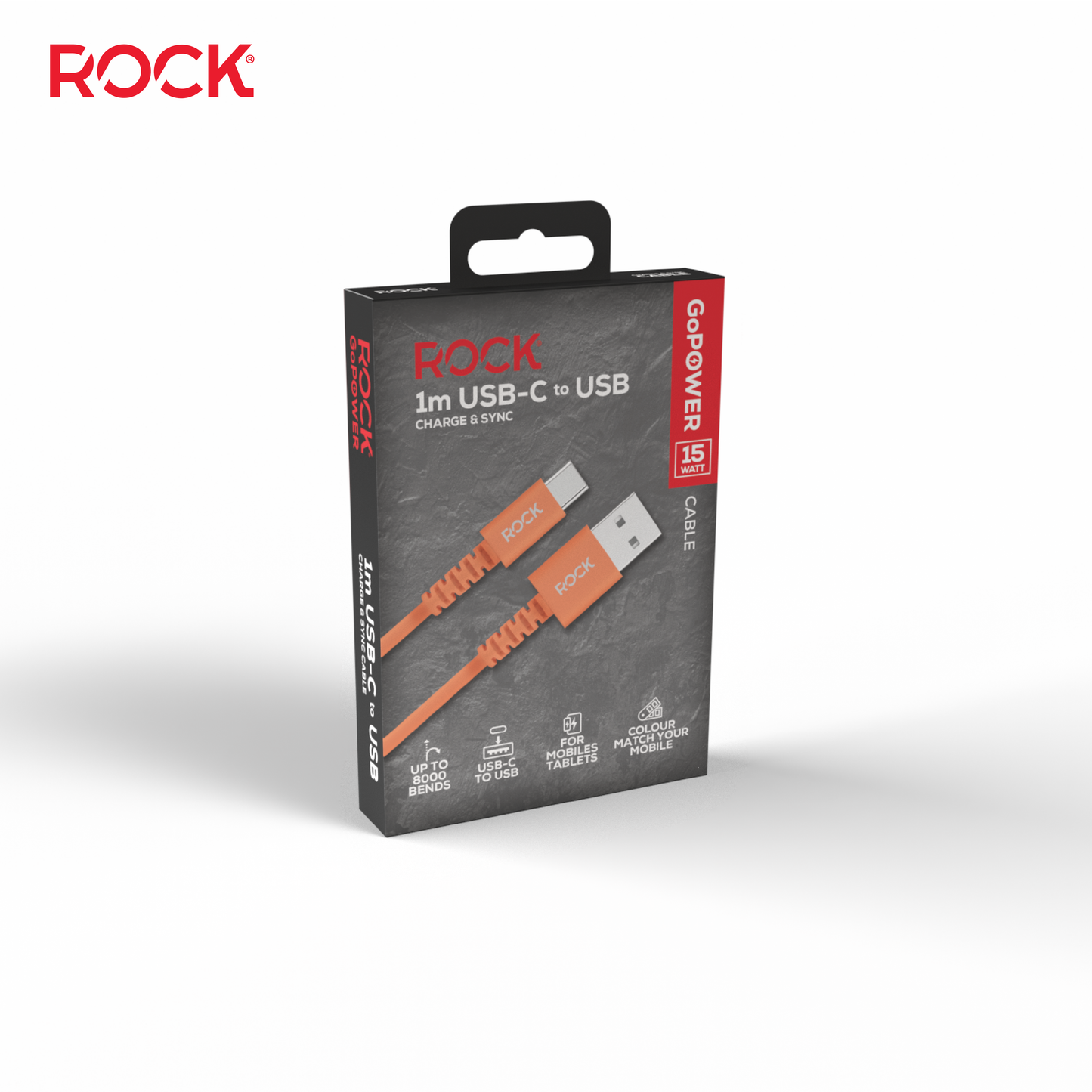 Rock Go Power 1 Metre USB to USB-C Charge & Sync Cable, 15W Cosmic Orange