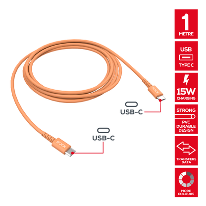 Rock Go Power 1 Metre USB-C to USB-C Charge & Sync Cable, 15W Cosmic Orange