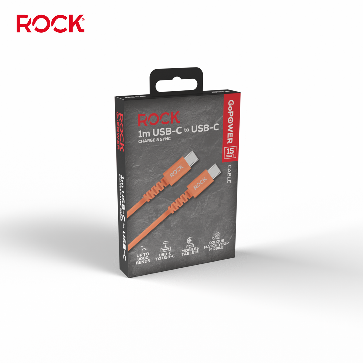 Rock Go Power 1 Metre USB-C to USB-C Charge & Sync Cable, 15W Cosmic Orange