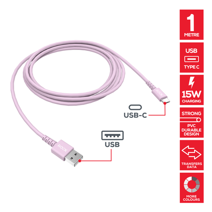 Rock Go Power 1 Metre USB to USB-C Charge & Sync Cable, 15W Soft Pink